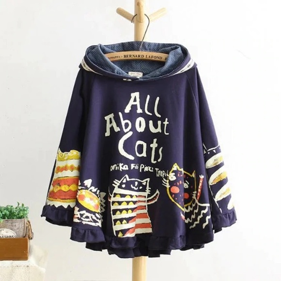 Jackets & Blazers - Adorable Navy Hooded Poncho Cotton Size S Cats